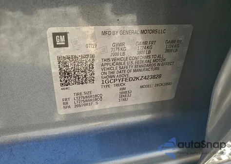 2019 Chevrolet Silverado K1500 Lt Trail Boss из США, поврежденный, VIN 1GCPYFED2KZ423828